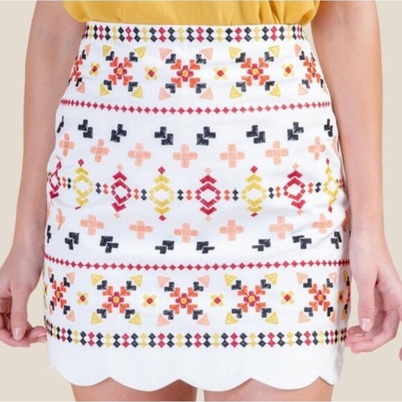 Blue Rain Mini Skirt Embroidered Aztec Boho Festival Scalloped Hem Small New - Picture 1 of 8